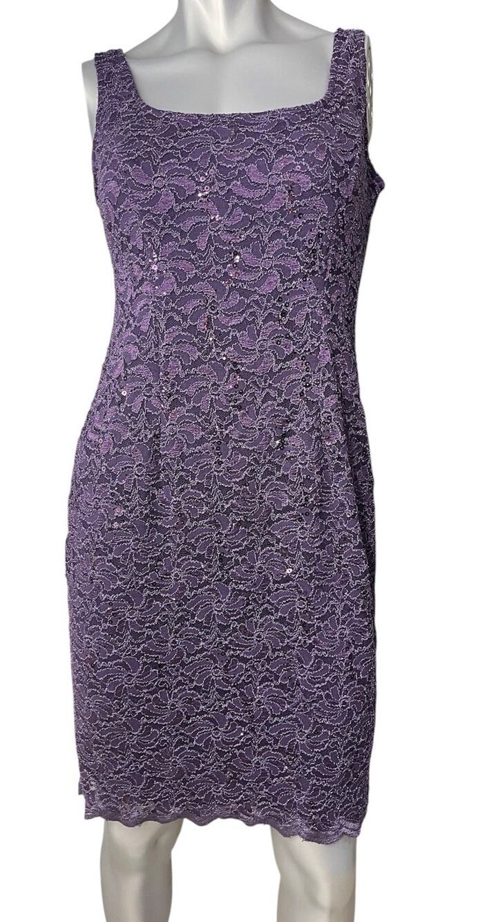 Alex Evenings Rosette Lace Sequin V-Neck Dress 8 Petite Purple Wedding Formal